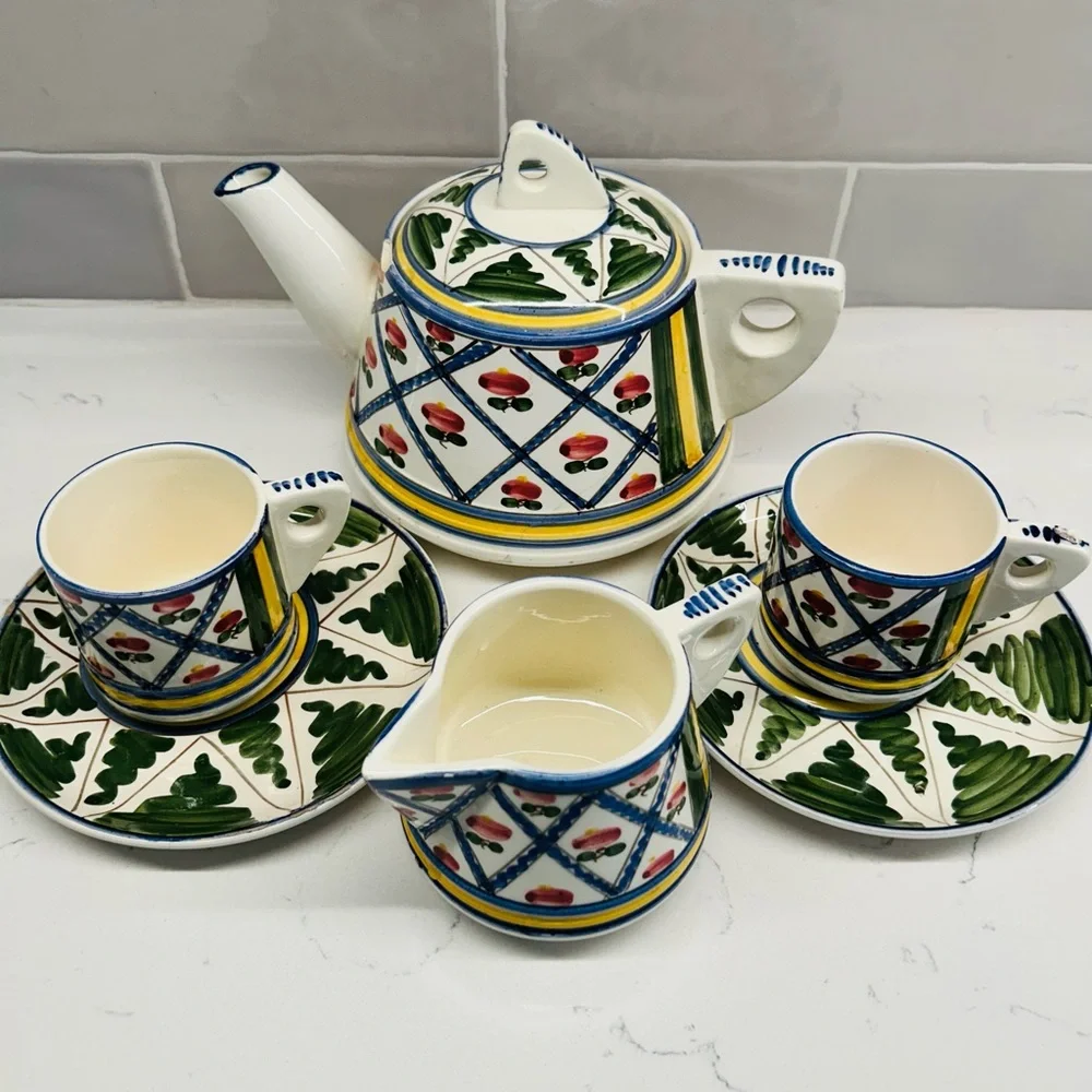 Ceramic Vintage Tea Pot Set w/ Creamer, 2 Cups & Saucers in Green, Red & Yellow